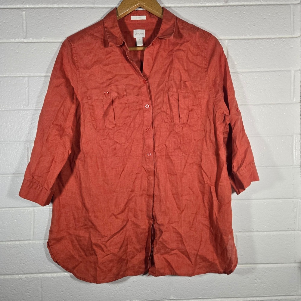 Chico's Linen Button Down Shirt‎ 3 XL Burnt Orange No-Iron 3/4 Sleeve Minimalist